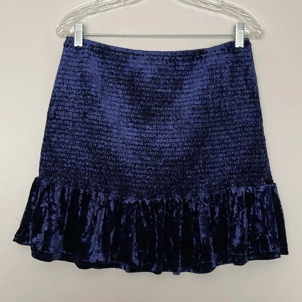 Aqua Velvet Smocked Ruffled Flounce Mini Skirt Navy Size L - Picture 2 of 10